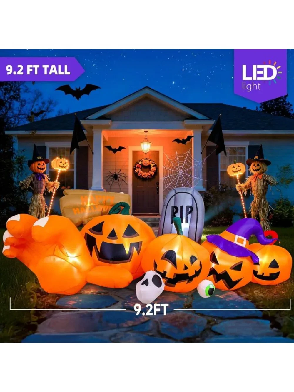 9.2 Ft Halloween Inflatable Yard Decor - LED Pumpkin, Gravestone & Witch Hat